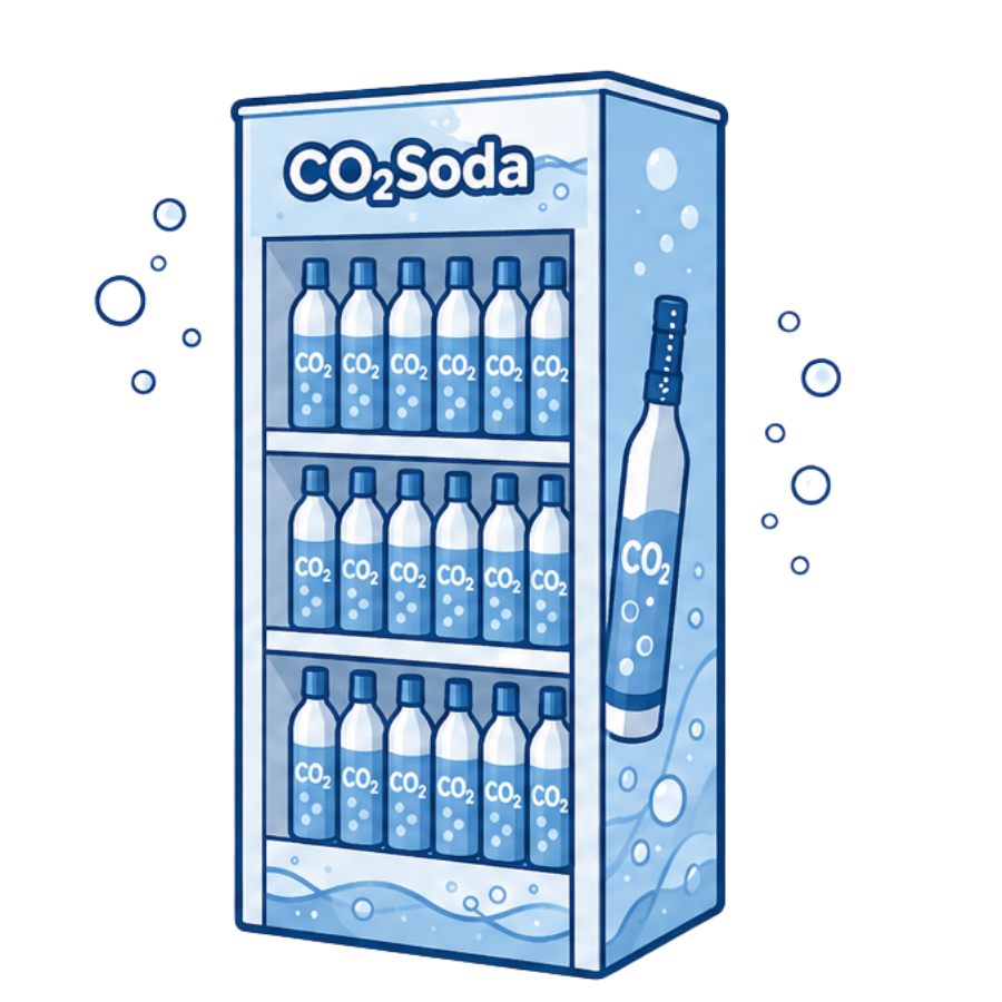 Présentoir CO2soda rempli de cylindres de CO₂ pour les points d’échange et dépositaires.